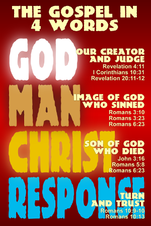 The Gospel in 4 words: God, Our Creator and Judge. Man, the image of God who sinned. Christ, the Son of God who died. Response, turn and trust.